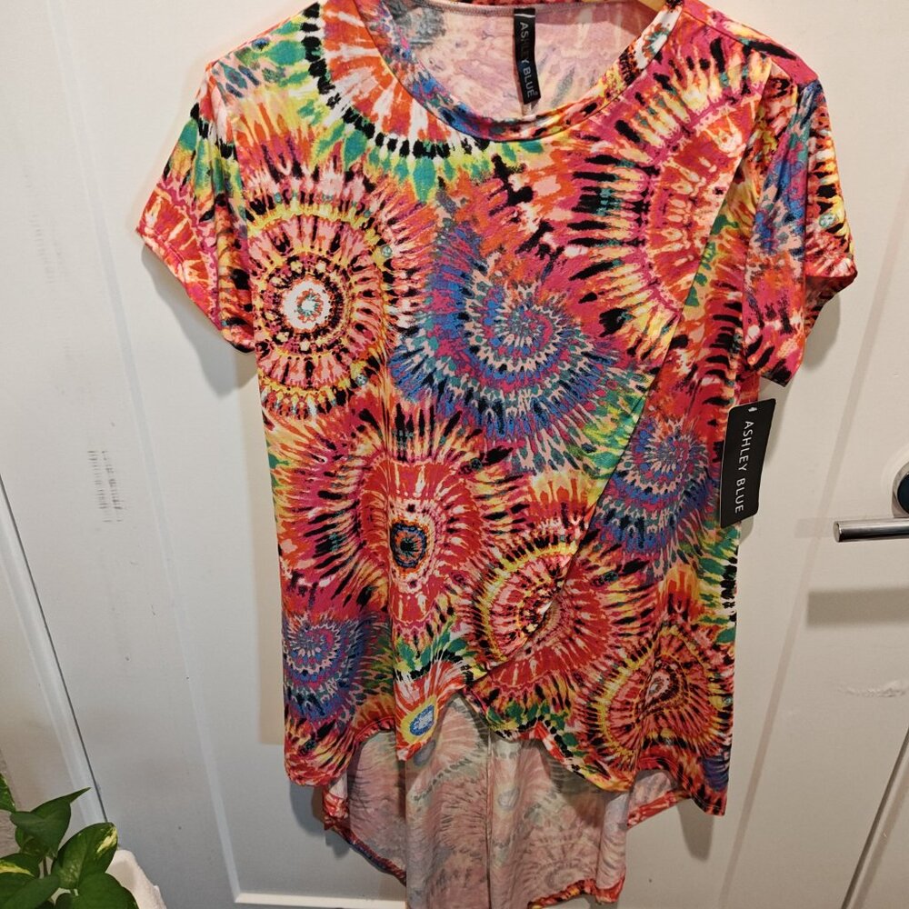 NEW ASHLEY BLUE MULTICLORED TUNIC TOP (SIZE 2X)